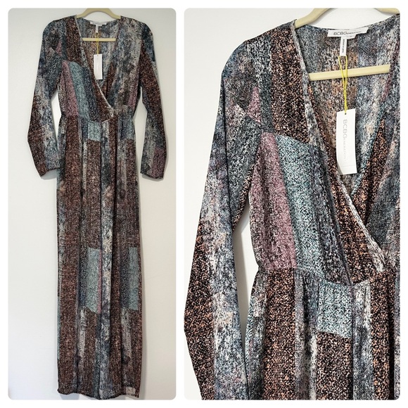 BCBGeneration Black/Multi Chiffon‎ V-Neck Long Jumpsuit Size Small - Picture 1 of 8
